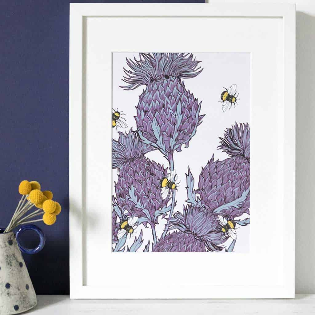 gillian-kyle-scottish-art-prints-canvases-scottish-thistles-jaggy-thistles-print-lilac-thistles-bees